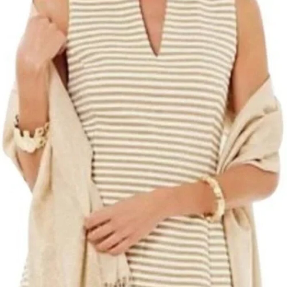 Lilly Pulitzer Cream & Gold Striped wide strap split neck tailored Mini Dress S - Picture 2 of 13